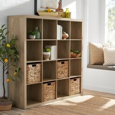 a shelf with baskets and plants on it next to a window in a living room