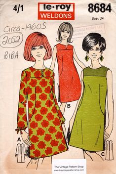 two women's dresses, one in green and the other in red with flowers on them