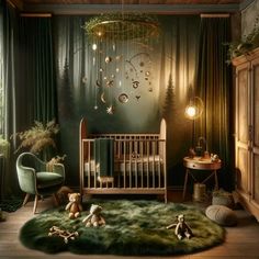 a baby's room decorated in green and gold with teddy bears on the floor