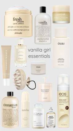 Vanilla Girl Bathroom, Vanilla Girl Skincare, How To Smell Like Vanilla, Clean Girl Perfume, Vanilla Girl Essentials, Hygiene Products Aesthetic, Vanilla Girl Makeup, Vanilla Scents, Scent Combos