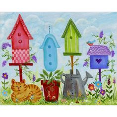 a painting of birds, cats and birdhouses in the grass