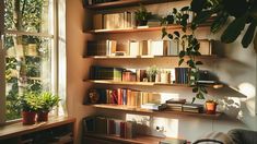 a living room filled with lots of books and plants