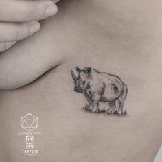 a rhinoceros tattoo on the side of a woman's stomach is shown