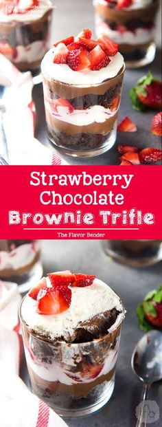 strawberry chocolate brownie trifle with whipped cream and fresh strawberries in the background