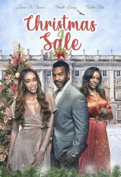 the christmas sale poster with two people standing in front of a tree