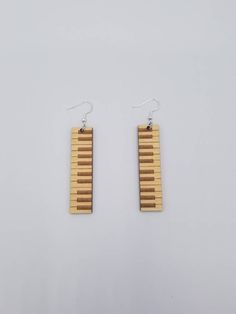 two pairs of wooden earrings hanging from hooks on a white background, one is made out of wood and the other has silver earwires