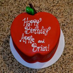 a birthday cake with the words happy birthday apple and brain on it