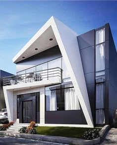 an architectural rendering of a modern house in white and grey colors with balconies on the second floor