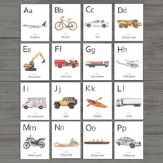 an alphabet poster with different types of vehicles