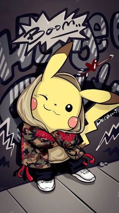 a drawing of a pikachu sitting on top of a wooden floor next to graffiti