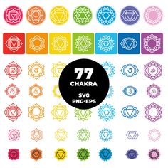 the seven chakras in different colors and sizes, all with their respective symbols