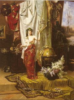 a painting of a woman standing in front of a curtain and holding a pole next to a potted plant