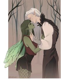 an image of two people that are kissing in front of some trees and one is holding the other's head