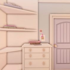 a white dresser sitting next to a pink door in a room with shelving and bookshelves