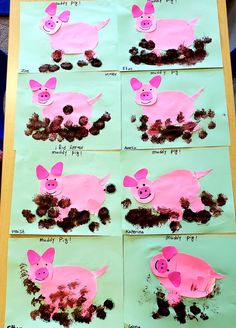 four pictures of pigs made out of paper on a piece of green paper with brown dirt