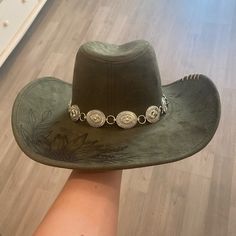 Green Hand Burned, Custom Cowboy Hat. Adjustable Fit. One Of A Kind. Only Worn To Try On. Silver Concho Hat Band. Western Green Hat For Country Events, Green Rodeo Hat One Size Fits Most, Country Style Green Hat For Rodeo, Green Country Style Hat For Rodeo, Custom Hat Bands, Embellished Cowboy Hat, Hat Burning, Custom Cowboy Hats, Cowboy Hat Bands