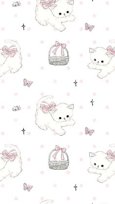 a white cat with pink bows is sitting in a basket on a polka dot background