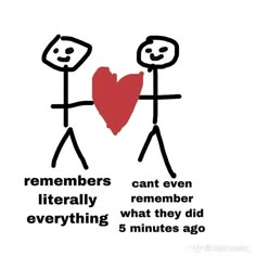 two stick figures holding up a red heart with the words, remembers literally, everything what they did in 5 minutes ago