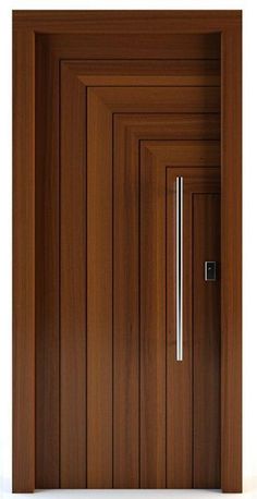 an open wooden door with metal handle on the front and side panels, against a white background