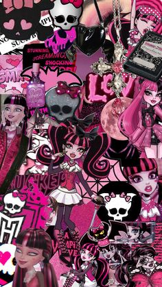 a bunch of stickers that are on top of a wall with pink and black designs