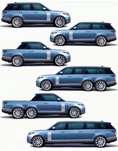 four different views of a blue car with white stripes