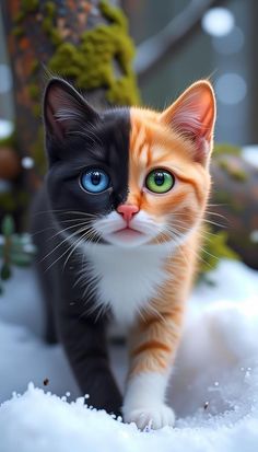 a black, orange and white cat with blue eyes walking in the snow next to a tree