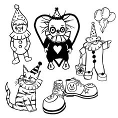 an image of cartoon animals with party hats and balloons in black and white coloring book page