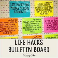 bulletin board with colorful notes on it and the words life hacks bulletin board