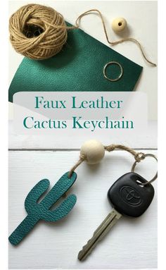 a pair of leather cactus keychains sitting next to a ball of twine