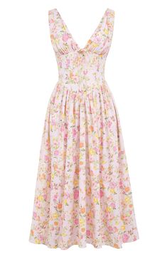 This sweet stretch-poplin midi gets a sultry update with its deeply dipped neckline and corseted bodice. Exclusive retailer Hidden back-zip closure Deep V-neck Sleeveless Lined 65% cotton, 32% nylon, 3% elastane Dry clean Imported Midi Tea Dresses, Casual Pastel Pink Dress, Slik Hoco Dresses, Corset Dress Floral, Summer Midi Dress With Pleated Bodice And Sweetheart Neckline, Pink Sleeveless Midi Dress With Pleated Bodice, Fitted Sleeveless Midi Dress With Bust Darts, Feminine Sleeveless Fitted Midi Dress, Feminine Sleeveless Midi Dress With Pleated Bodice