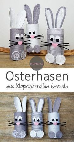 three bunny made out of toilet rolls on top of a wooden table with the words osterhasen written in german