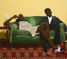 a painting of two people sitting on a green couch, one is holding a white pillow