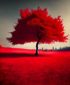 a red tree is in the middle of a field