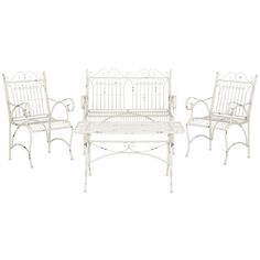 three white chairs and a table on a white background