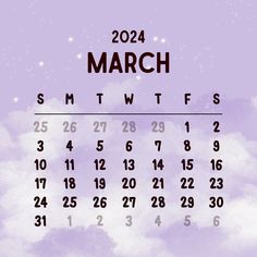 a purple and white calendar with the word march written in black on it, surrounded by clouds