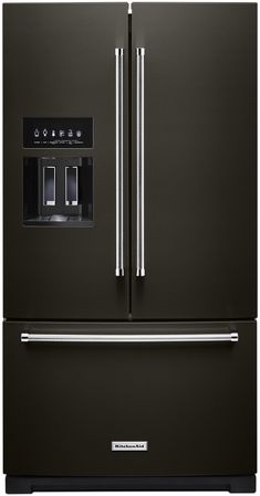 a black refrigerator freezer sitting next to each other on a white background with the door ajar