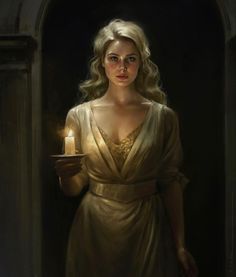 a painting of a woman holding a lit candle in her hand and wearing a gold dress