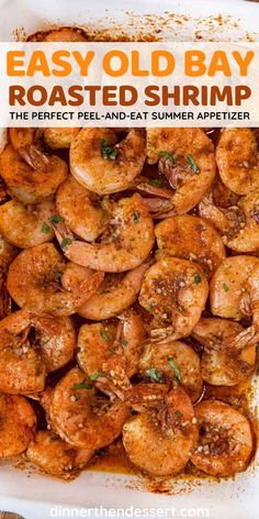 easy old bay roasted shrimp recipe in a white casserole dish with text overlay