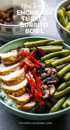 a bowl filled with meat and vegetables on top of rice next to another bowl full of green beans