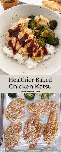 healthy baked chicken and broccoli on a plate with sauce in the middle, next to an image of healthier baked chicken katsue