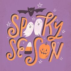 the words spooky season are decorated with halloween decorations and ghost faces on purple background