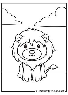 a cartoon lion sitting on the ground with clouds in the sky behind it, outlined in black and white