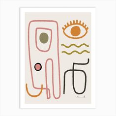 an art print with the word love written in different colors and shapes, including two eyes