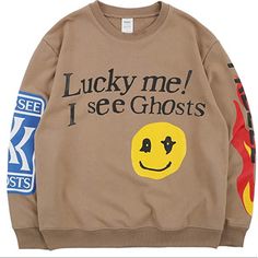 Khaki Lucky Me I See Ghosts Crewneck Sweater Writing In Black Graphic Sweater Men’s Small Unisex Message Before Buying Please New With Tags In Perfect Condition Trendy Hip Hop Free Fire Smiley Face Kanye Adidas Nike New Balance Kith Supreme Off-White Hype Hypebeast Skimsi Feel Like Kanye Wolves Stronger Drew Kanye Hoodie, Lucky Me I See Ghosts, I See Ghosts, Streetwear For Men, Letter Hoodie, Lucky Me, Oversized Streetwear, Outfit Vintage, Couples Sweatshirts