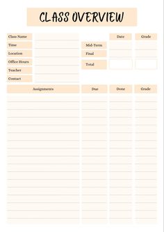 a class overview sheet with the words class overview written in black and orange on it