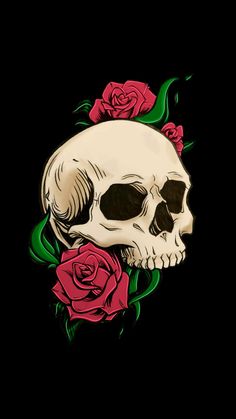 a drawing of a skull with roses on it