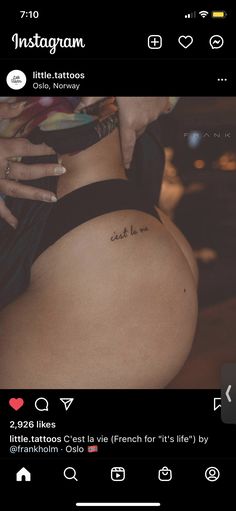 Side Hip Word Tattoo, Script Hip Tattoos Women, Above Buttocks Tattoo, Hip Groin Tattoos Women, Hip Tattoos Women Writing, Underbutt Tattoo Idea, Name Tattoos On Buttocks For Women, Est Tattoos Ideas, Underbutt Tattoo Woman