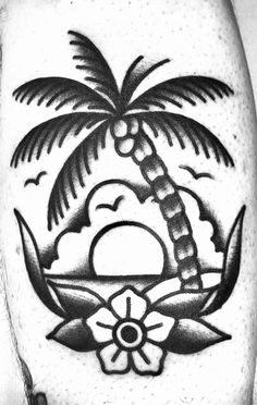 a black and white image of a palm tree on the leg with an ocean scene behind it