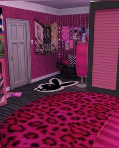 a bedroom decorated in pink, black and white with leopard print on the bedding