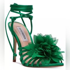 Stiletto Heel, 3d Flower On Front Strap, And Lace Up Ankle Wrap Closure. Heel Height: 4 12 In Steve Maddens, Ankle Tie Sandals, Satin Flowers, Ankle Wrap, Green Satin, Lace Up Heels, Dress Sandals, Steve Madden Shoes, Stiletto Heel